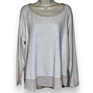 Kersh French Terry Stripe Tan Cream Long Raglan Sleeve Scoop Neck Women Size XL